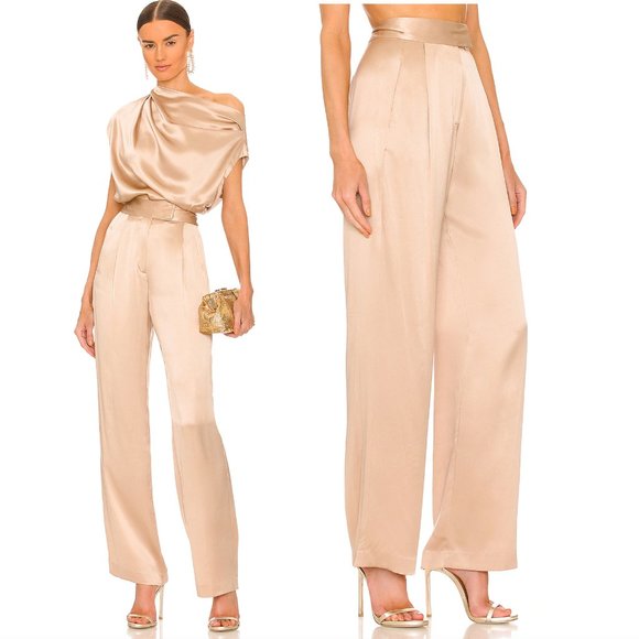 NEW The Sei x REVOLVE Wide Leg Trouser Pant Champagne Nude Tan Silk Size 4 Small - Picture 2 of 8